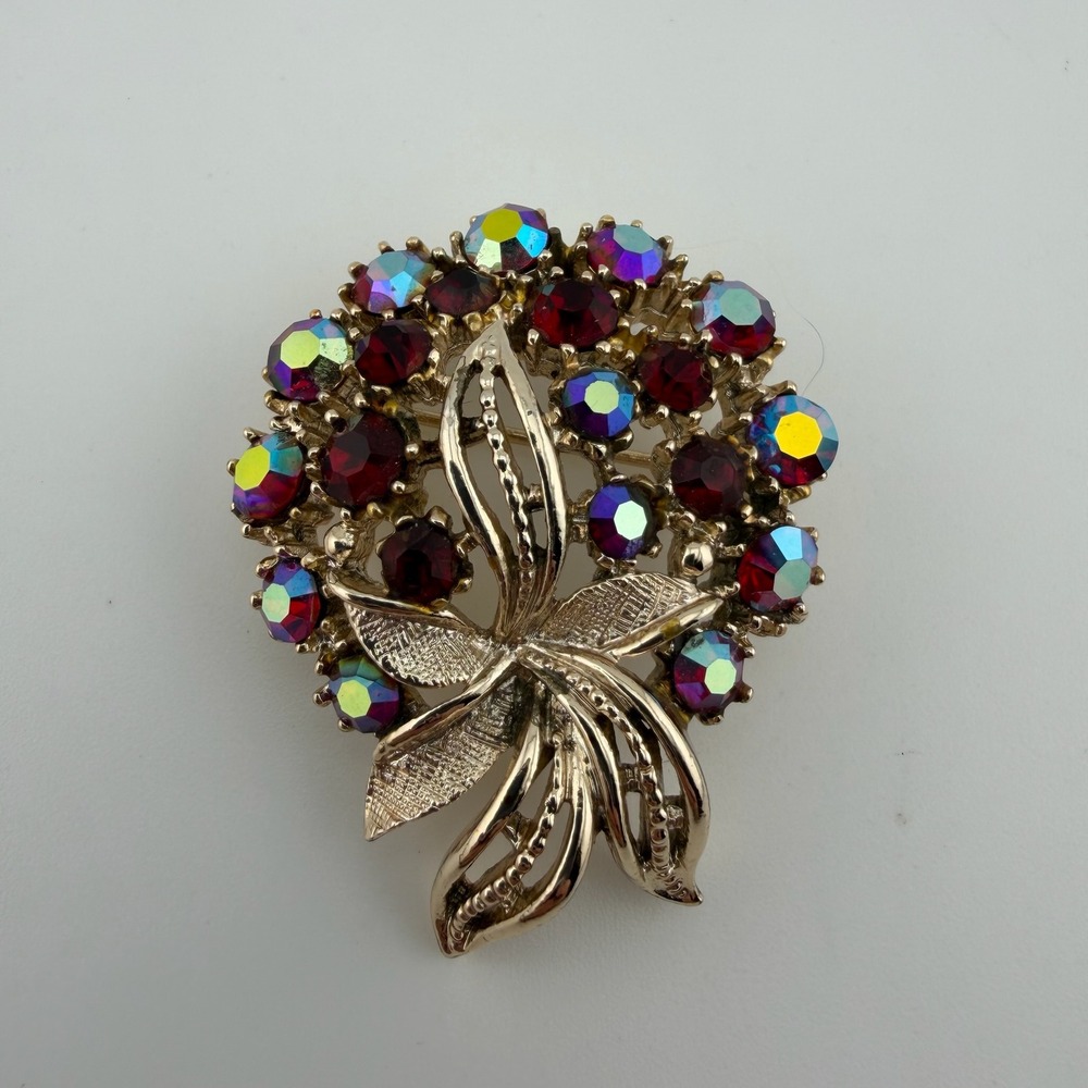 Arthur Pepper Vintage Brooch Aurora Borealis Rhinestone Gold Tone Floral Bouquet